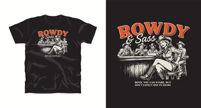Rowdy cowgirl at a saloon counter with cowboys in western style illustration.