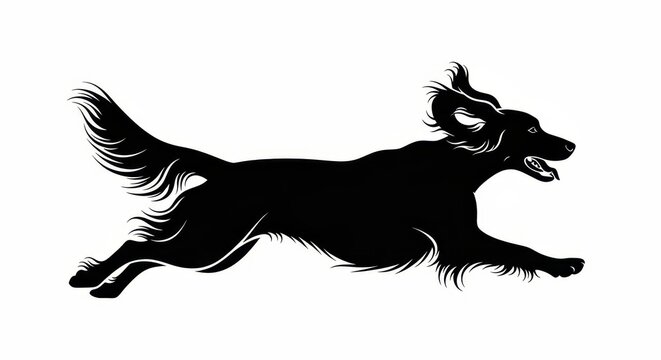Black Silhouette of a Long-Haired Dog Running and Leaping Energetically on a White Background for Logo Design
