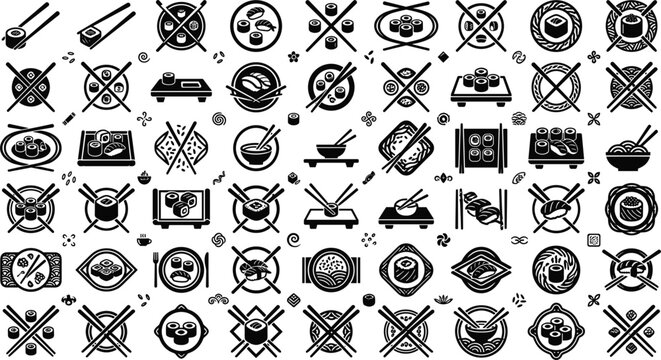 Sushi icons set with Japanese food chopsticks ramen etiquette rules sashimi seafood rolls vector black silhouette collection