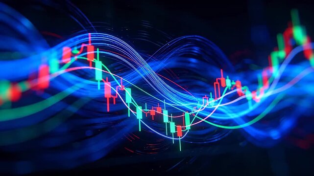 Financial market chart with red green candlesticks and multiple blue green curves showing fluctuation