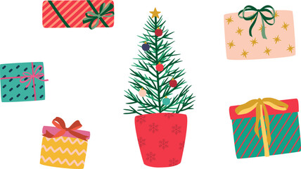 Fototapeta premium Scandinavian Christmas Clipart Set with Potted Tree and Gift Boxes. Nordic Folk Art Winter Vector Graphic Elements, Isolated Icons of Holiday Presents and Cute Pine for Festive Design