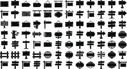 Wooden sign icons set with blank road direction pointers billboard banner board silhouettes vector navigation collection elements © MstLaky