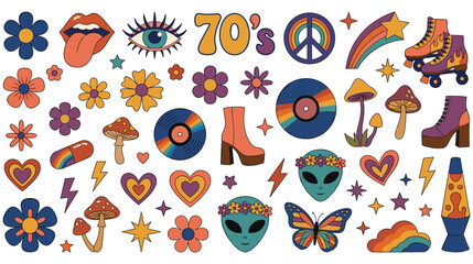 Obraz premium Retro seventies aesthetic sticker collection with colorful pop icons.