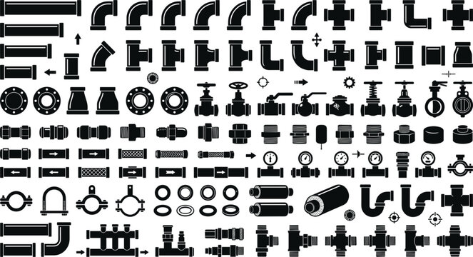 Pipe fitting icons set with plumbing tubes valves pressure gauges connectors water engineering industrial silhouettes vector collection