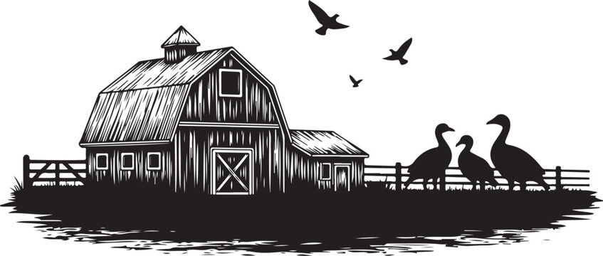 Black silhouette of barn with ducks and flying birds fence