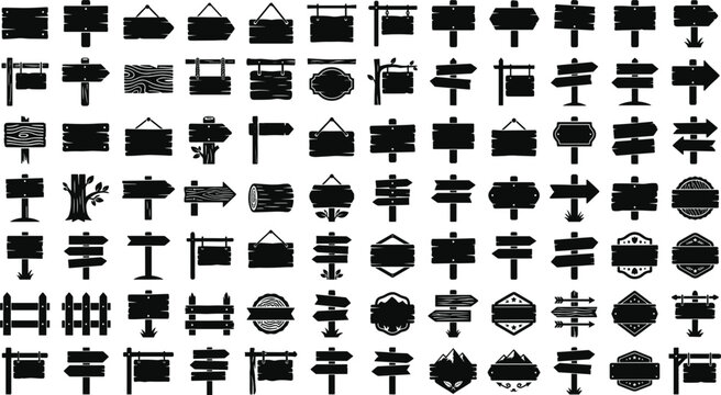Wooden sign icons set with blank road direction pointers billboard banner board silhouettes vector navigation collection elements