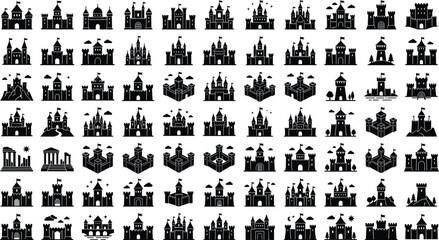 Medieval castle icons set for fantasy map design fairy tale fortress silhouette collection architecture vector elements, © MstLaky