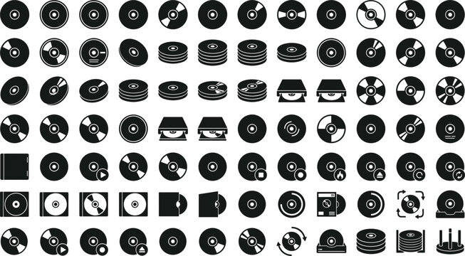 Compact disc icons set with cd dvd retro audio storage software disk silhouettes vector data collection elements