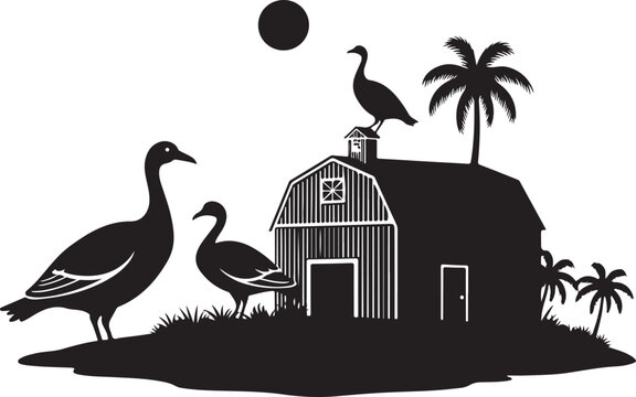 Black silhouette of barn with geese and palm trees