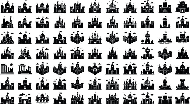 Medieval castle icons set for fantasy map design fairy tale fortress silhouette collection architecture vector elements,
