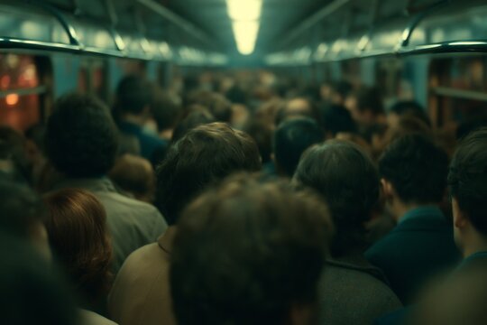 Busy subway train filled with a large crowd of diverse people during rush hour.
