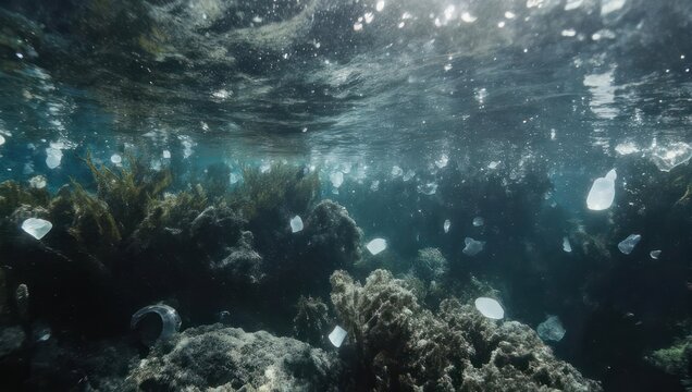 Underwater view of marine plants and scattered white plastic debris, illuminated