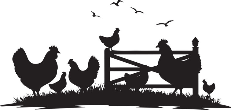 Black silhouette of chickens and birds on grass with fence