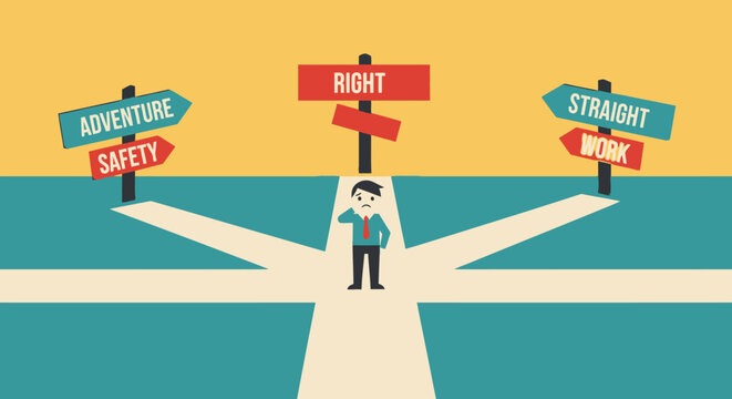 Confused businessman standing at a crossroads with multiple directional signs indicating different life and career paths.