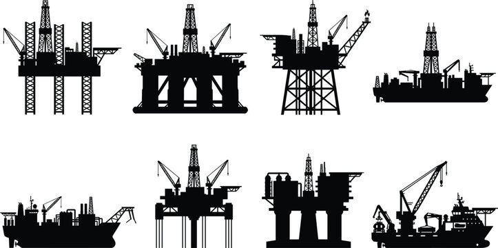 Offshore Oil Rig and Drilling Platform Silhouette Collection Vector Industry Set