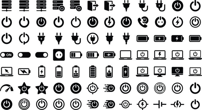 Power button icons set with battery charging plugs energy switch server computer technology symbols vector silhouette collection
