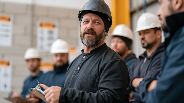 Workforce development instructor demonstrating hydraulic equipment controls to a row of adults in hard hats inside a vocational training bay, safety posters lining cinder-block