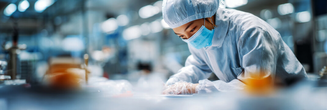 Quality control inspector wearing work gear examines products on the production line. The focus is on hands inspecting items for quality during a busy work environment