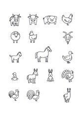 Obraz premium Minimalist Farm Animal Line Art Icon Set Featuring Cow, Pig, Horse, Chicken, and More for Graphic Design Projects