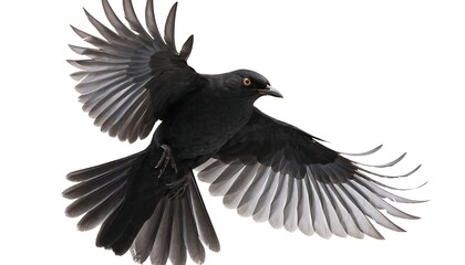 Fototapeta premium Common blackbird (Turdus merula) in flight with wings spread With shadow cut out isolated on white background. AI GENERATED.