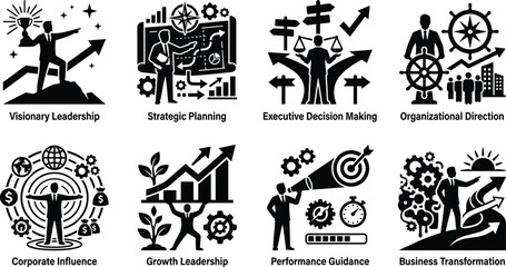 Naklejka premium Vector silhouettes illustrating leadership, strategy, growth, and business transformation concepts with trophies, charts, and teamwork