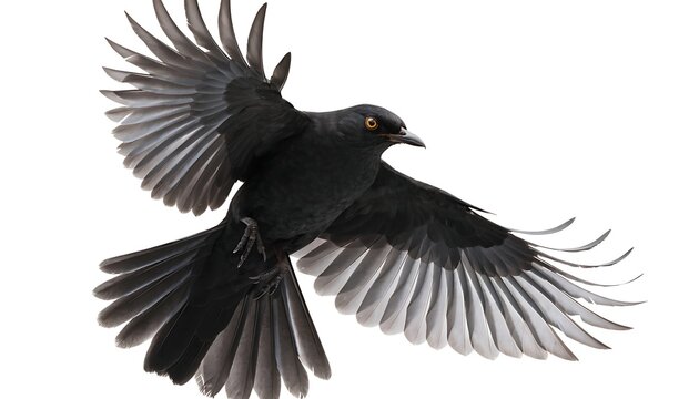 Common blackbird (Turdus merula) in flight with wings spread With shadow cut out isolated on white background. AI GENERATED.