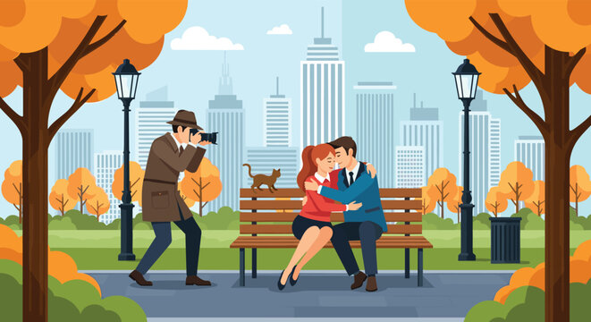 Sneaky paparazzi photographer capturing a private moment of a couple on a park bench highlights issues of privacy, celebrity culture, and journalism.