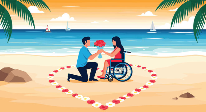 Romantic man proposing to a woman in a wheelchair on a beautiful beach within a floral heart symbolizes inclusive love and disability representation.