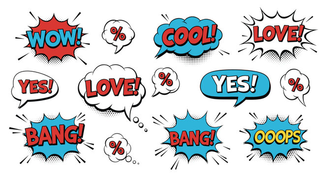Collection of colorful comic book speech bubbles with energetic words like bang, wow, and love for dynamic graphic design and visual storytelling.