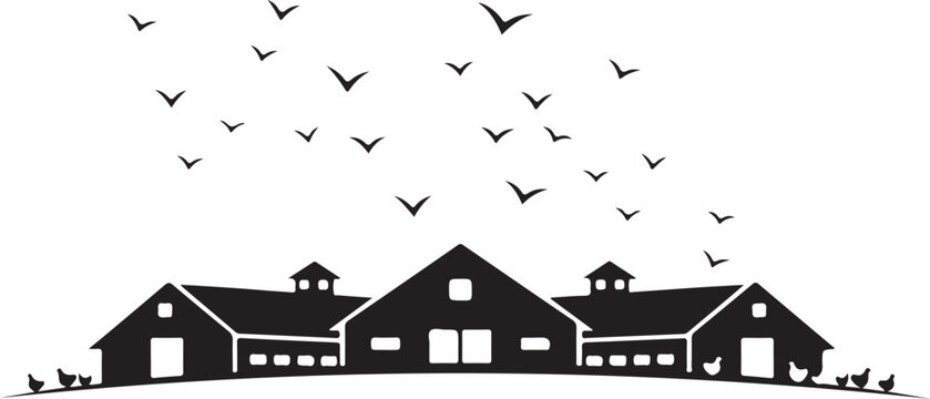 Black silhouette of farm buildings with birds flying barns