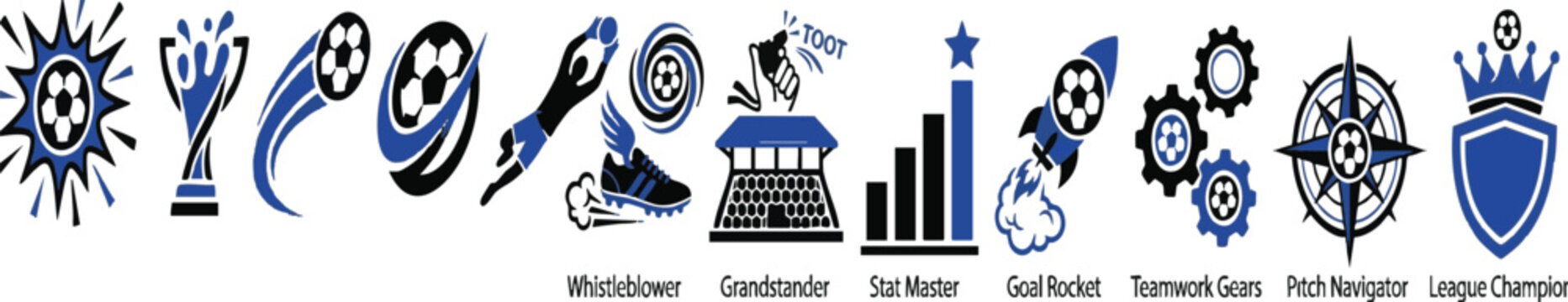 A collection of blue and black soccer themed icons and logos