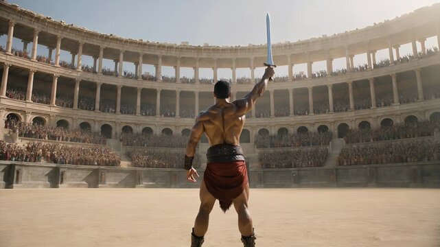 Gladiator, warrior and colosseum with arena for battle, strength and historical contest. Ancient Rome, fighter and sword with stadium, crowd and muscular man for epic movie scene or gaming plot.
