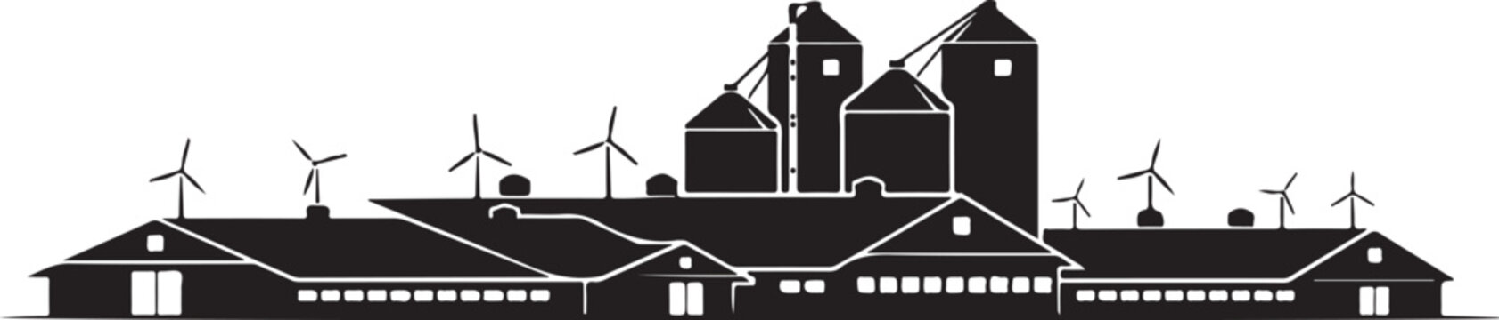 Black silhouette of farm buildings with wind turbines