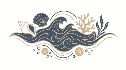 Naklejka premium Stylized Ocean Wave Illustration with Seashells and Coral Reef Elements