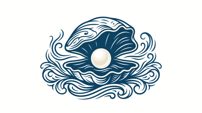 Elegant Oyster Shell with a Shimmering Pearl and Ocean Waves Illustration