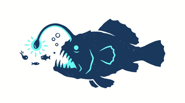 Deep Sea Anglerfish Illustration with Glowing Lure and Small Fish Surroundings