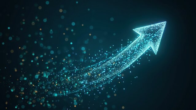 Abstract blue digital arrow moving up with particles on a dark background