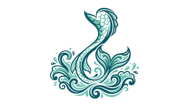 Stylized teal mermaid tail diving into swirling ocean waves logo design