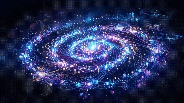 Spiral galaxy digital formation with swirling particles and neon light data