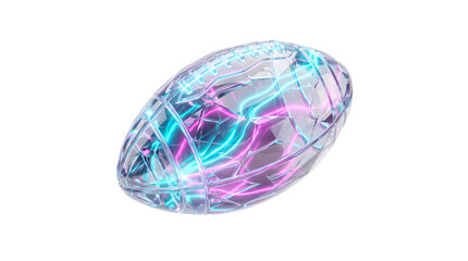 Fototapeta premium Futuristic crystal american football with neon lightning, glowing glass sports ball on white background, high-tech athletic equipment concept