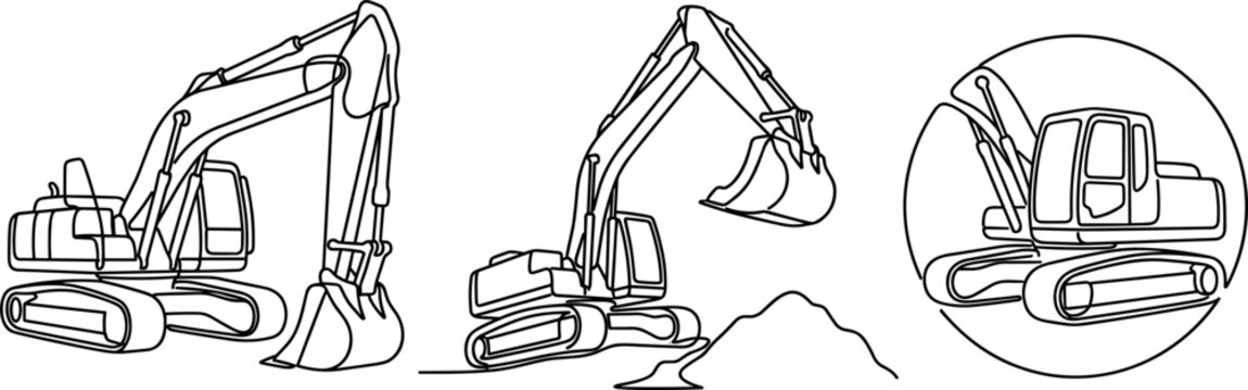 Continuous Line Art Heavy Machinery Excavator Set Featuring Construction Digger Working Soil and Circular Earth Mover Logo Graphic Vector Elements