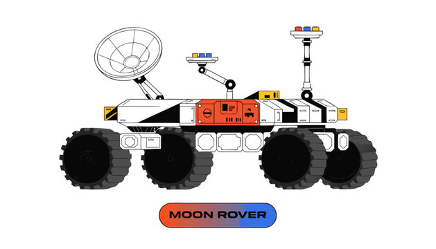 Very beautiful realistic vector illustration of a MOON ROVER featuring detailed exploration equipment and lunar engineering styling, isolated on white background, with a label reading "MOON ROVER" dis