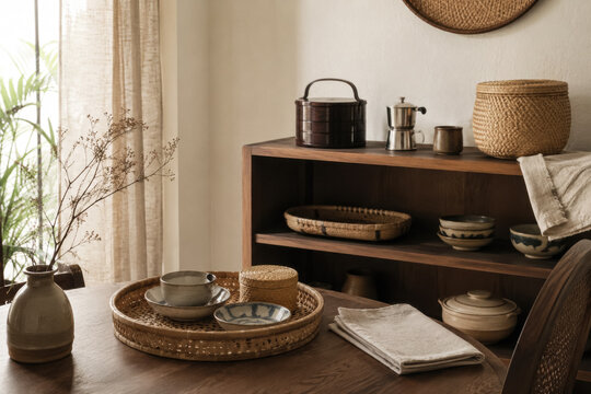 Minimal home shelf with teapot, woven tray, ceramics, notebooks, and neutral decor .generative AI