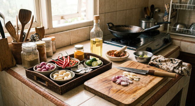 Kitchen counter set for meal preparation with vegetables, cutting boards, cookware, and bowls .generative AI