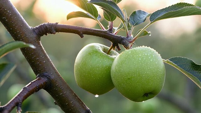 Green apples, tree and branch in orchard with dew, fresh fruit and organic nature. Agriculture, harvest and garden with healthy food, leaves and farming for lifestyle marketing and health.
