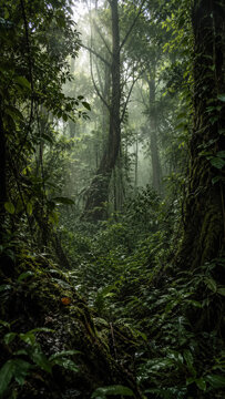 Misty tropical rainforest with tall trees, dense ferns, and soft light beams .generative AI