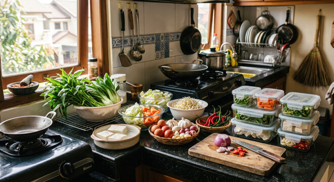 Busy home kitchen counter filled with meal prep bowls, produce, pots, and containers .generative AI