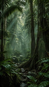 Dark tropical jungle corridor with wet leaves and dramatic shafts of light .generative AI