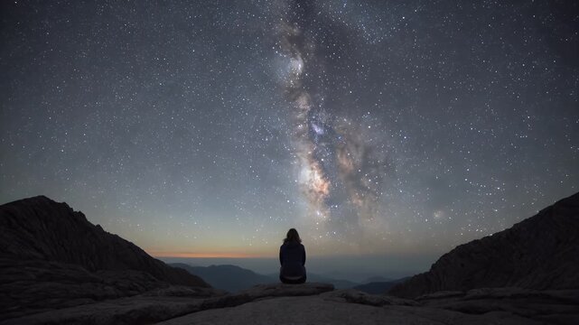 Milky Way, starry sky and woman sitting on mountain at night for contemplation, meditation and universe discovery. Silhouette, galaxy and space with stars, nature and peaceful outdoor scenery.