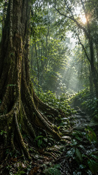 Ancient rainforest roots and vines covering the dark floor of a dense tropical jungle .generative AI